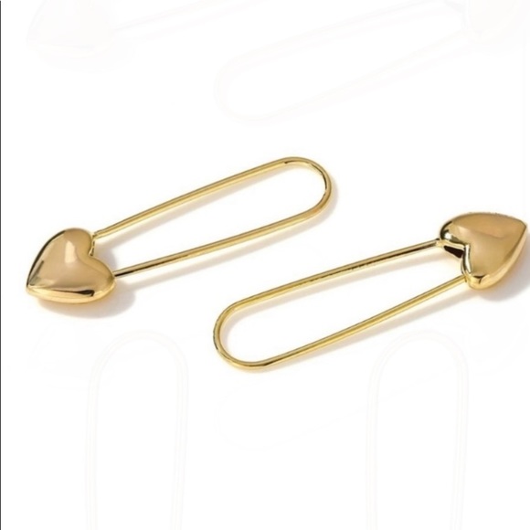 Heart Safety Pin Gold Sterling Silver Earrings Set - Picture 8 of 11